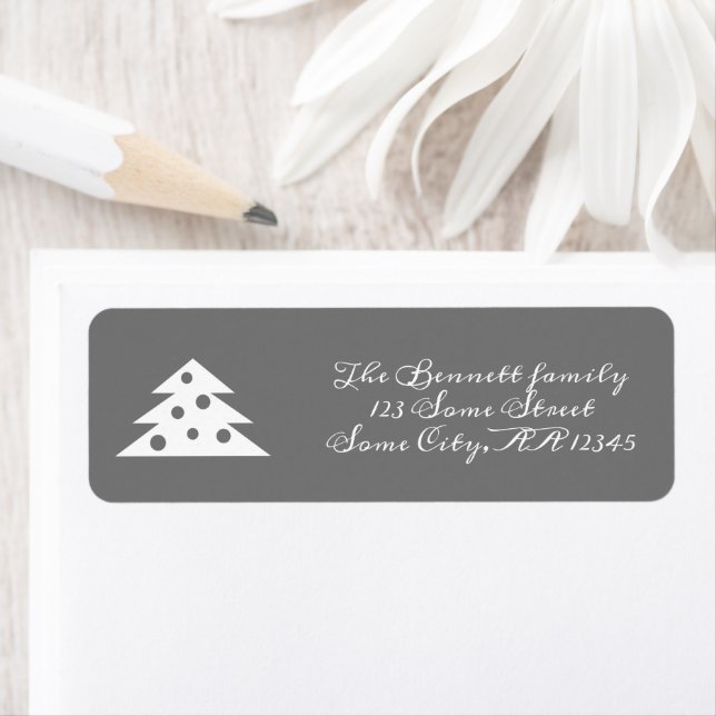Christmas Tree Grey White Script Return Address (Insitu)