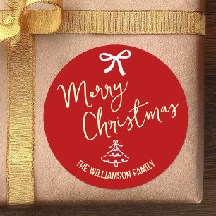 Christmas Tree Hand Drawn Doodles Gold Script Red Classic Round Sticker