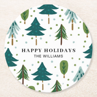 Christmas Tree Happy Holiday Round Paper Coaster