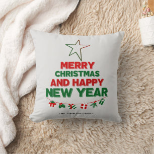 Christmas tree, Happy New Year, words, star, gift Throw Pillow