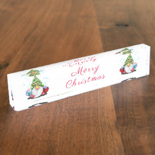 Christmas Tree Hat Gnome with Gift Desk Plate