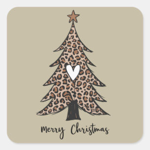 Christmas Tree Heart Leopard Gift Xmas Holiday Square Sticker