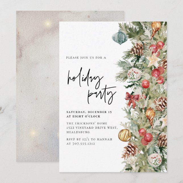 Christmas Tree Holiday Party Dinner Modern Script  Invitation (Front/Back)