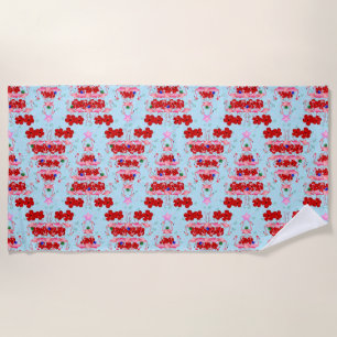 Christmas Tree Holiday Santa Flamingos on Cool Blu Beach Towel