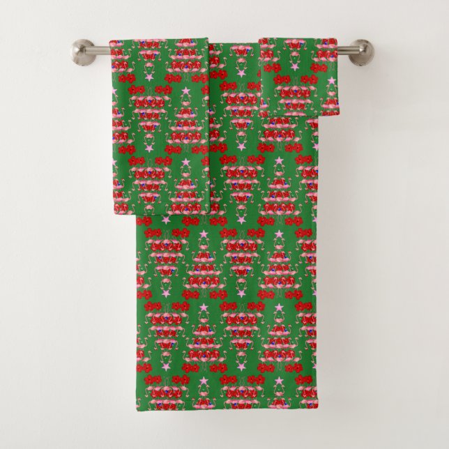 Christmas Tree Holiday Santa Flamingos on Green Bath Towel Set (Insitu)