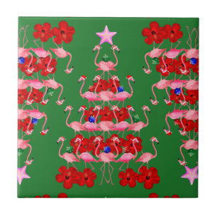 Christmas Tree Holiday Santa Flamingos on Green Tile