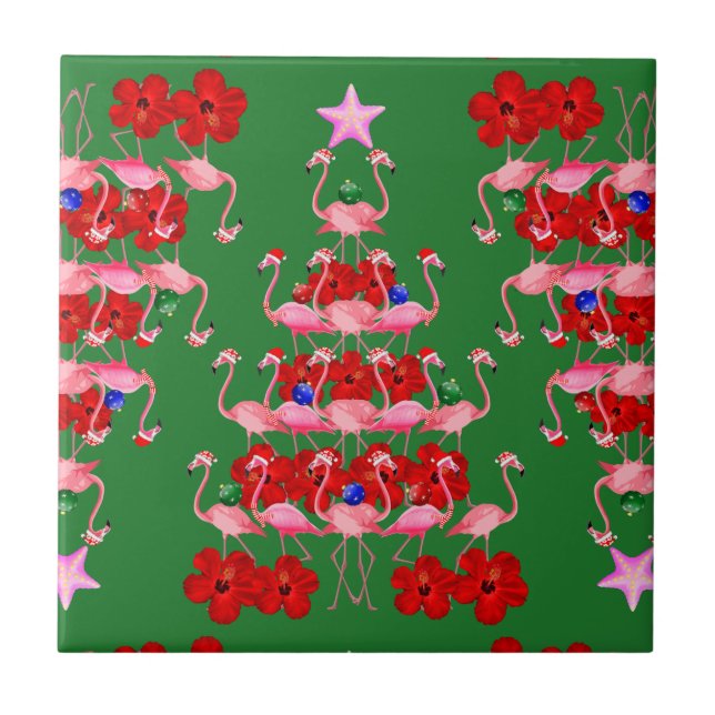 Christmas Tree Holiday Santa Flamingos on Green Tile (Front)