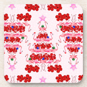 Christmas Tree Holiday Santa Flamingos on Pink Coaster