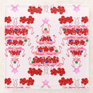 Christmas Tree Holiday Santa Flamingos on Pink Glass Coaster