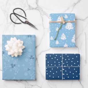 Christmas Tree  Holly Blue White Pattern Wrapping Paper Sheet