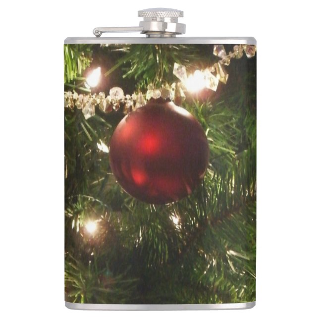 Christmas Tree I Holiday Pretty Green and Red Hip Flask (Front)