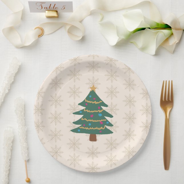 Christmas Tree Illustration Snowflake Pattern Paper Plate (Wedding)