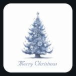 Christmas Tree in Delft Blue customizable Square Sticker<br><div class="desc">watercolor painting of a beautifully decorated christmas tree in Delft Blue colours</div>