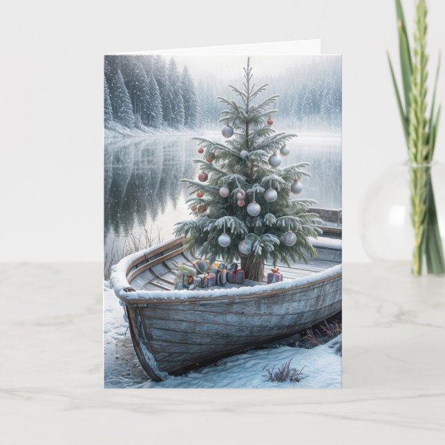 Christmas Tree In Rustic Rowboat Holiday Card (Front)