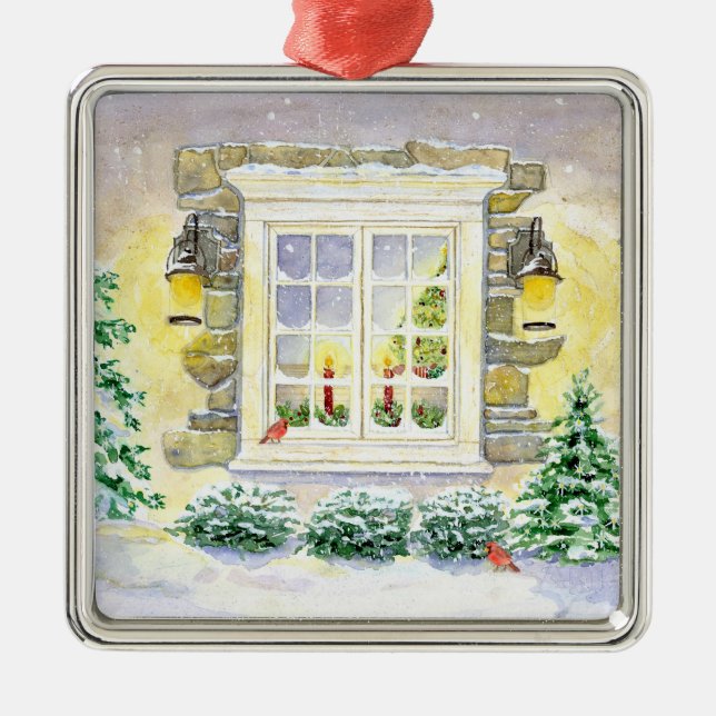 Christmas Tree in the Window w Cardinals Ornament (Front)