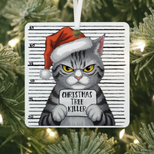 Christmas Tree Killer Funny Cat Metal Ornament