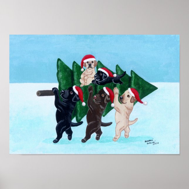 Christmas Tree Labradors in the Snow Field Artwork Poster (Front)