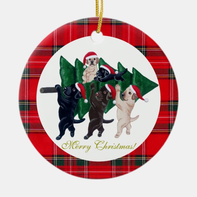 Christmas Tree Labradors Painting Ceramic Ornament (Front)