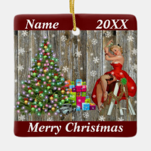 Christmas Tree Lady in Red Dress Rustic Barn Board Ceramic Ornament