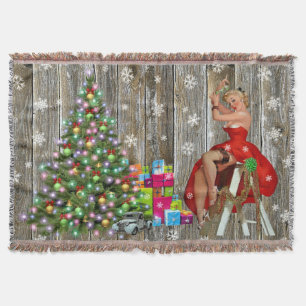 Christmas Tree Lady in Red Dress Rustic Barn Board Throw Blanket