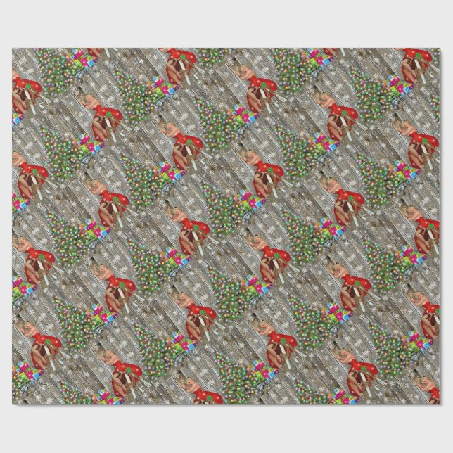 Christmas Tree Lady in Red Dress Rustic Barn Board Wrapping Paper (Flat)