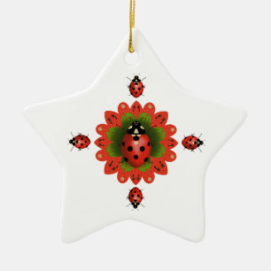 Christmas Tree Ladybug Red and White Star Ceramic Ornament