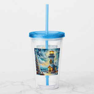 Christmas Tree Lighthouse Nautical Coastal Blue Acrylic Tumbler