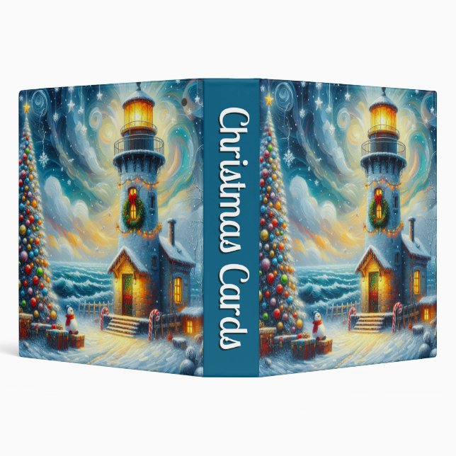Christmas Tree Lighthouse Nautical Coastal Blue Binder (Background)