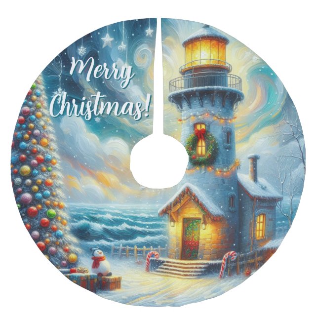 Christmas Tree Lighthouse Nautical Coastal Blue Brushed Polyester Tree Skirt (Front)