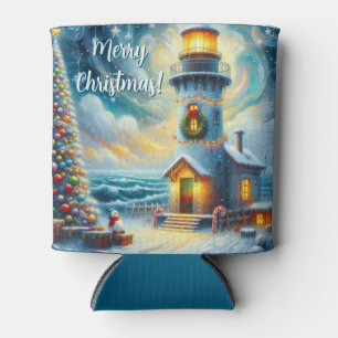 Christmas Tree Lighthouse Nautical Coastal Blue Can Cooler