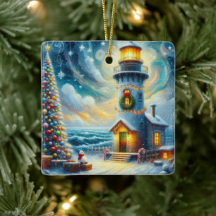 Christmas Tree Lighthouse Nautical Coastal Blue Ceramic Ornament