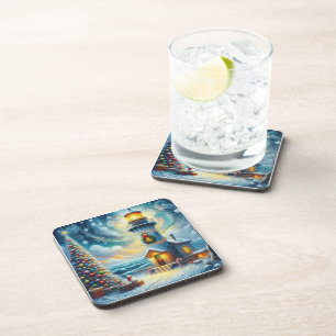 Christmas Tree Lighthouse Nautical Coastal Blue Coaster