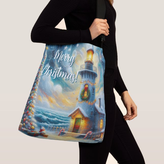 Christmas Tree Lighthouse Nautical Coastal Blue Crossbody Bag (Close Up)