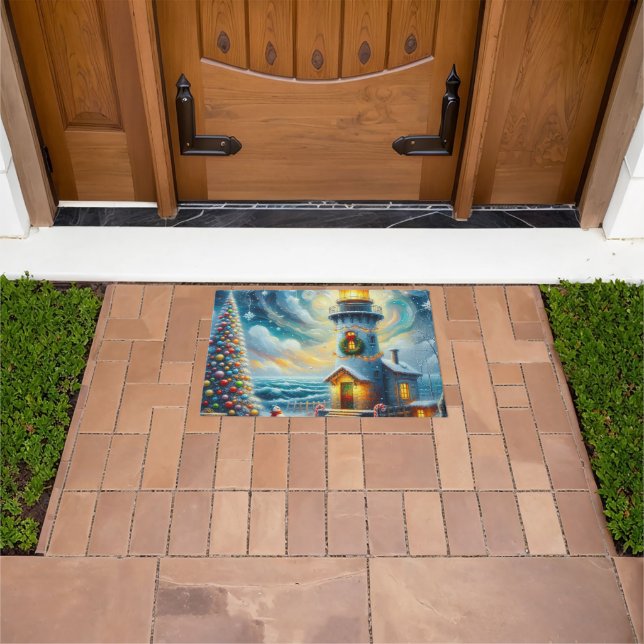 Christmas Tree Lighthouse Nautical Coastal Blue Doormat (Outdoor)