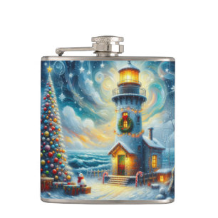Christmas Tree Lighthouse Nautical Coastal Blue Hip Flask