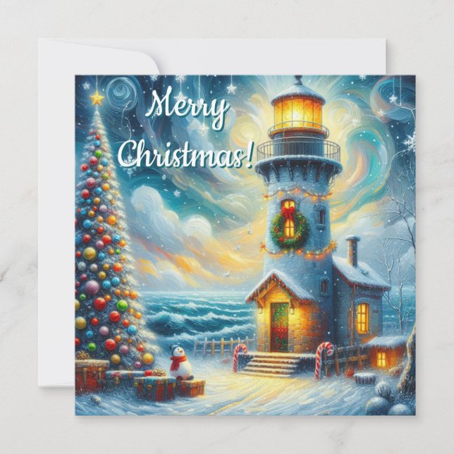 Christmas Tree Lighthouse Nautical Coastal Blue Holiday Card (Front)