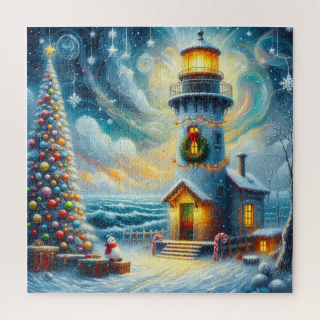 Christmas Tree Lighthouse Nautical Coastal Blue Jigsaw Puzzle (Vertical)