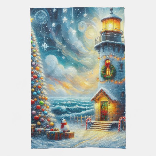 Christmas Tree Lighthouse Nautical Coastal Blue Kitchen Towel (Vertical)