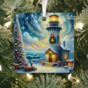 Christmas Tree Lighthouse Nautical Coastal Blue Metal Ornament