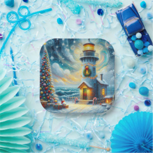 Christmas Tree Lighthouse Nautical Coastal Blue Paper Plate
