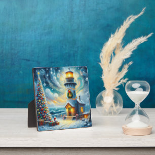 Christmas Tree Lighthouse Nautical Coastal Blue Plaque