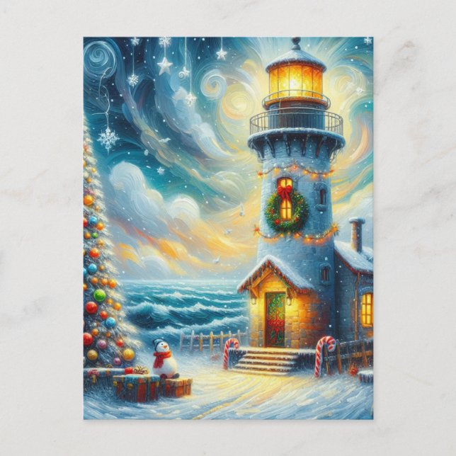 Christmas Tree Lighthouse Nautical Coastal Blue Postcard (Front)