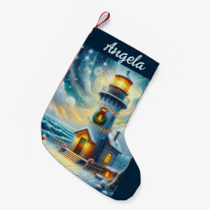 Christmas Tree Lighthouse Nautical Coastal Blue Small Christmas Stocking