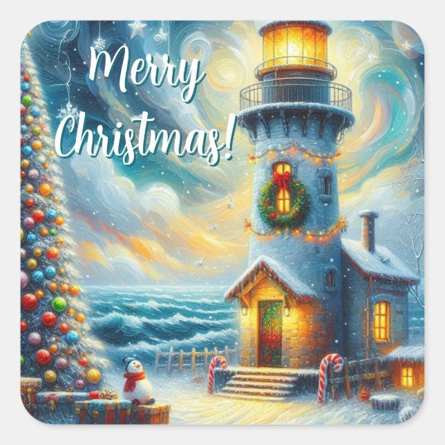 Christmas Tree Lighthouse Nautical Coastal Blue Square Sticker (Front)