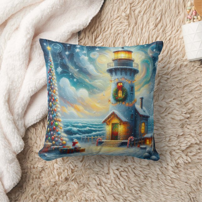 Christmas Tree Lighthouse Nautical Coastal Blue Throw Pillow (Blanket)