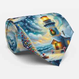 Christmas Tree Lighthouse Nautical Coastal Blue Tie