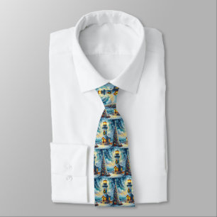 Christmas Tree Lighthouse Nautical Coastal Blue Tie
