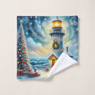 Christmas Tree Lighthouse Nautical Coastal Blue Wash Cloth