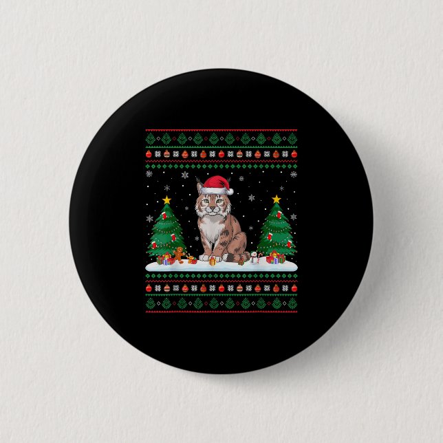 Christmas Tree Lights Bobcat Santa Ugly Xmas Sweat 2 Inch Round Button (Front)