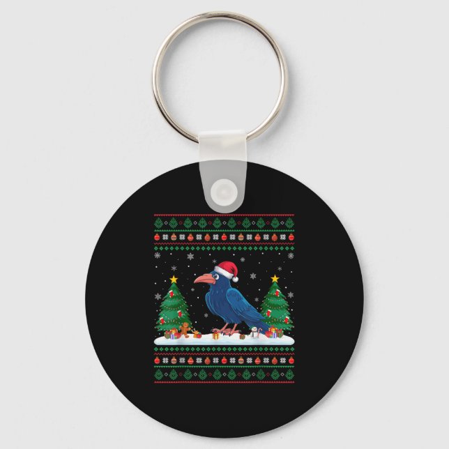 Christmas Tree Lights Crow Santa Ugly Xmas Sweater Keychain (Front)